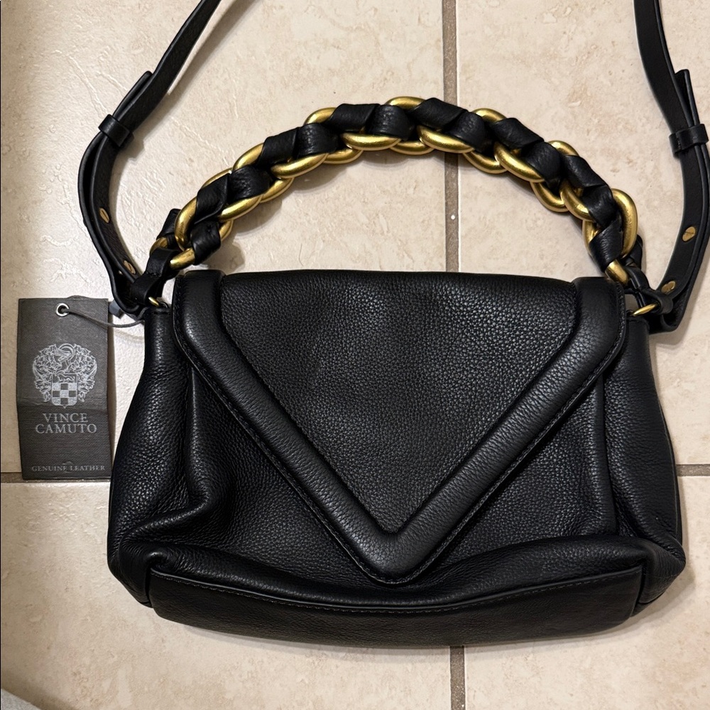 Vince Camuto Black Pebbled Leather Bag Envelope Closure Gold Chain NWT